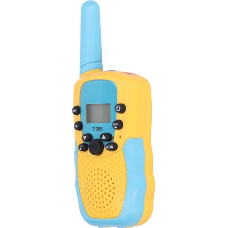 Lot de 3 talkies-walkies pour enfants avec lampe torche LED rétroéclairée, longue portée, pour les activités familiales en extérieur, le camping et la randonnée (bleu et jaune). (1/5)