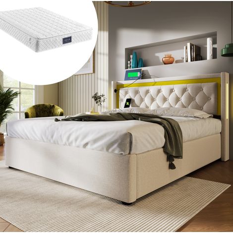 CHICFURN Letto contenitore 140x200 cm in cotone beige con LED, USB-C e materasso (1/5)