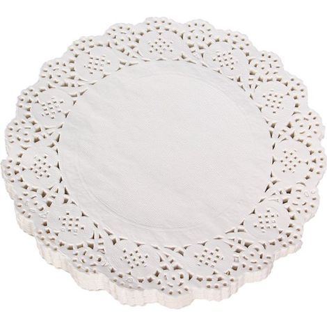 140 bases para tartas redondas de 11 cm, juego de mesa de papel decorativo desechable con encaje para tartas, cumpleaños, color blanco (1/5)