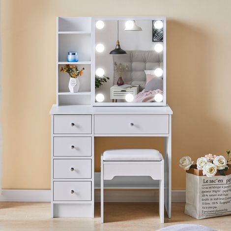 Clipop – Coiffeuse blanche avec miroir coulissant et ampoules LED – 5 tiroirs et 4 compartiments de rangement – Dimensions 80x40x130 cm (1/5)