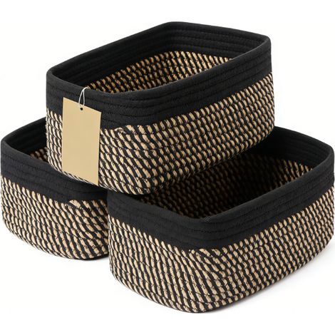 Panier De Rangement - Coton Tressé - 29 x 19 x 12 cm - Pour Placard Bureau Armoire - Lot De 3 Noir Brun (1/5)