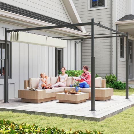 Pergola da giardino, 3 x 3 m, tetto estensibile e base magnetica, gazebo da esterno, padiglione da giardino, UPF30+, metallo, bianco crema