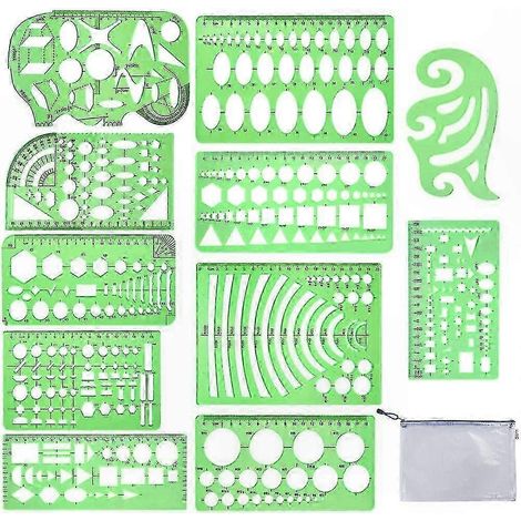 Ensemble de gabarits en plastique vert transparent, ensemble de 11 gabarits de dessin géométrique, adapté aux projets d'ingénierie, de dessin et de conception. (1/5)
