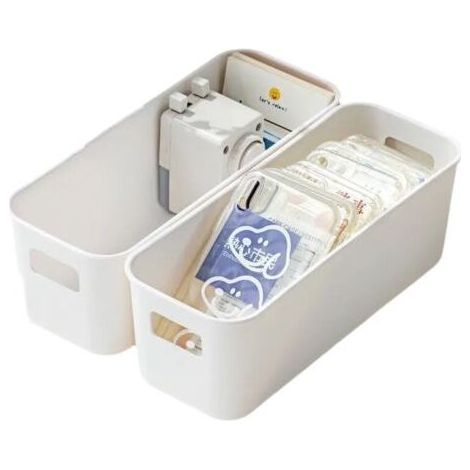 Lot de 4 petites boîtes de rangement empilables en plastique blanc sans couvercle avec poignées pour bureau, cuisine, salle de bain, armoire (1/5)