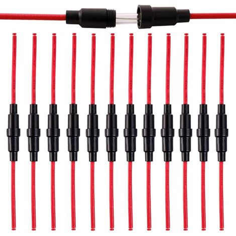 12Pcs 6X30mm Voiture Verre Tube Porte-Fusible, 32V 20A Porte-Fusible de Type à Vis en Ligne, avec 16 AWG Fils –– Noir (1/4)