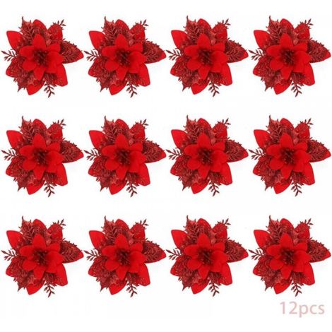 Fleurs de Noël, lot de 12 fleurs scintillantes, fleurs de Noël scintillantes, poinsettia pour sapin de Noël, fleurs artificielles, décoration, décoration de Noël (Rouge-B) (1/5)