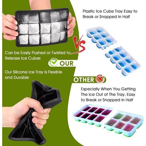 Lot de 3 bacs à glaçons rectangulaires en silicone avec couvercles sans BPA empilables pour congélateur bière cocktails et whisky couleur noire (1/5)