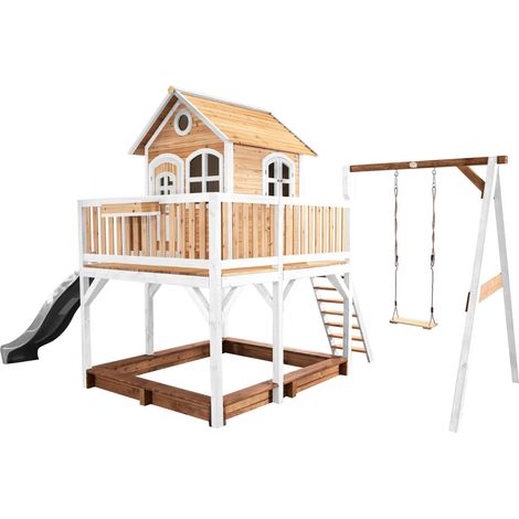 Axi Liam Maison Enfant Avec Bac À Sable, Balançoire & Toboggan Gris  Aire De Jeux Pour L'Extérieur En Marron & Blanc  Maisonnette / Cabane De Jeu En Bois Fsc
