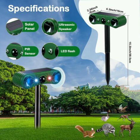 Dispositif de répulsion ultrasonique pour animaux, étanche avec LED et détecteur de mouvement, idéal pour chats, chiens, souris, ratons laveurs - 2 modes solaires (1/4)