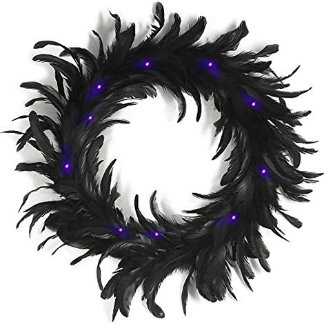 Couronne de plumes noires de 40 cm avec 30 lumières LED violettes, idéale pour les fêtes à thème effrayant, accessoires de décoration d'Halloween. (1/5)