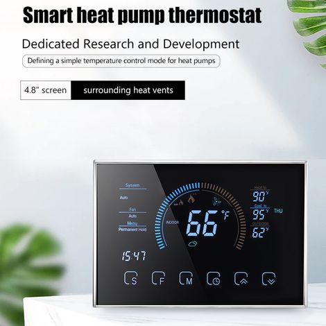 Thermostat d'ambiance intelligent pour pompe à chaleur WiFi, contrôleur de température, écran LCD couleur de 4,8 pouces, commande tactile programmable/application mobile/commande vocale compatible ave (1/5)