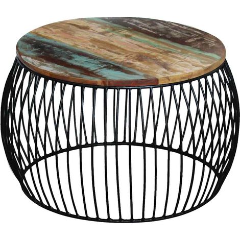 Table basse ronde vintage en bois de récupération massif et fer, 68 x 37 cm - PANGIVO (1/5)