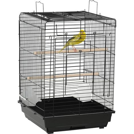 Cage à oiseaux 40x40x59 cm avec toit à charnières, 2 perchoirs, 2 mangeoires et plateau amovible, noire (1/5)