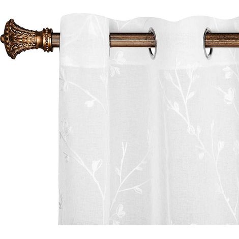 WOLTU Gardinen transparent Blumen Stickerei mit Ösen Leinen Optik(2 Stücke) weiß 140x225 cm (1/4)