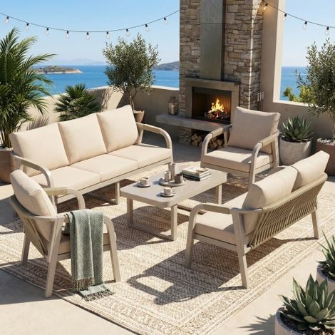 Gartenlounge-Set, Bietet Platz für 7 Personen, 3-Sitzer-Sofa, 2-Sitzer-Sofa, 2 Sessel und 1 Couchtische, Tischplatte aus Glas, Gestell aus verzinktem Eisen, Design mit geflochtenem Seil, Beige
