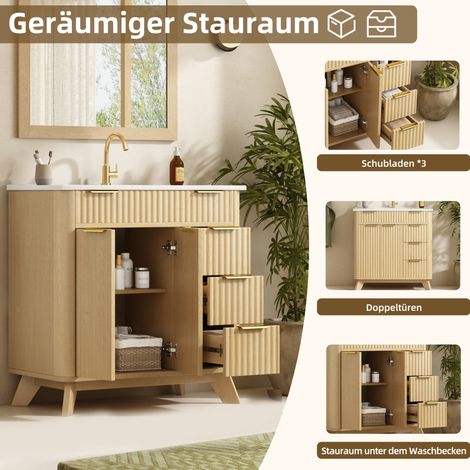 Mueble de baño con lavabo 81x47x90 cm, MDF y cerámica, 3 cajones, natural – MEUBLIV (1/5)