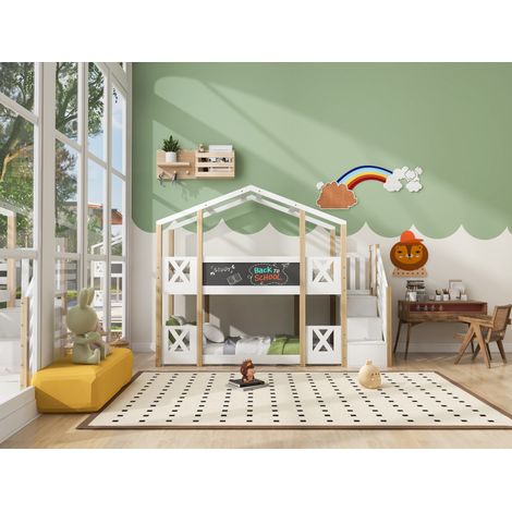 Letto a soppalco in legno bianco e naturale 90x200 cm con scala contenitore e lavagna frontale (1/5)