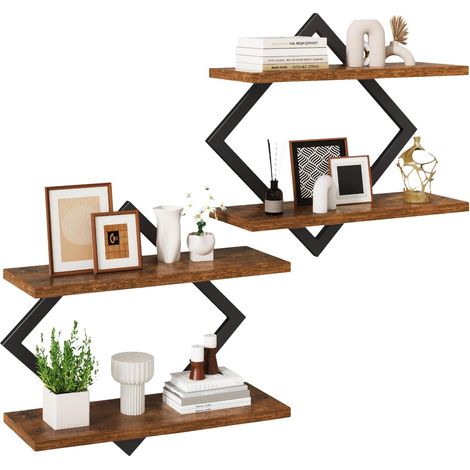 Étagère flottantes, Lot de 2, Étagères murales à 2 Niveaux, Rangements Suspendus avec Cadre métallique losangé, pour Salon, Chambre, Cuisine, Marron