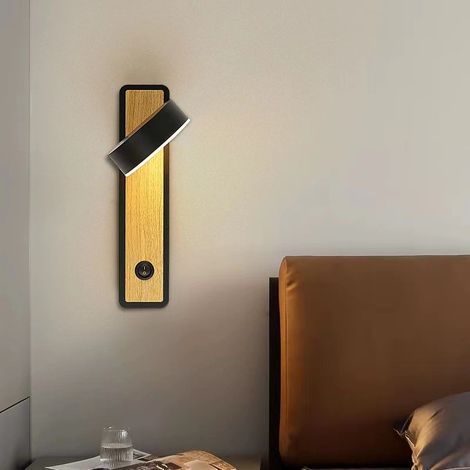 Applique murale LED en bois pour chambre, salon et bureau, luminaire pivotant à 350°, éclairage mural moderne, coloris noir (1/2)