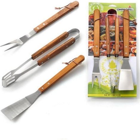 SET 3 PEZZI PINZA FORCHETTONE PALETTA  IN ACCIAIO MANICO LEGNO CM 40 BARBECUE (1/2)