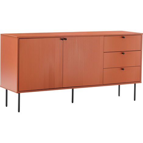 Oviala – Buffet 2 portes 3 tiroirs mélaminé 150 cm orange – Acier et MDF – Design moderne pour salon et salle à manger – Certifié FSC® MIX