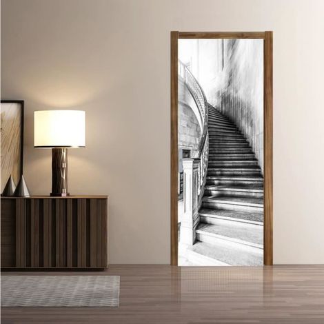 Stickers 3D Porte Poster Escalier Noir Et Blanc Créatif Créatif Papier Peint Porte Trompe L'Oeil Pour Salon Décoration, 77X200Cm (1/4)