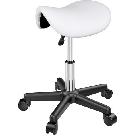 Yaheetech Sgabello con Ruote a Sella per Parrucchiere Estetista Girevole in Acciaio e Ecopelle da Salone Ufficio Cameretta Studio Regolabile in Altezza Bianco
