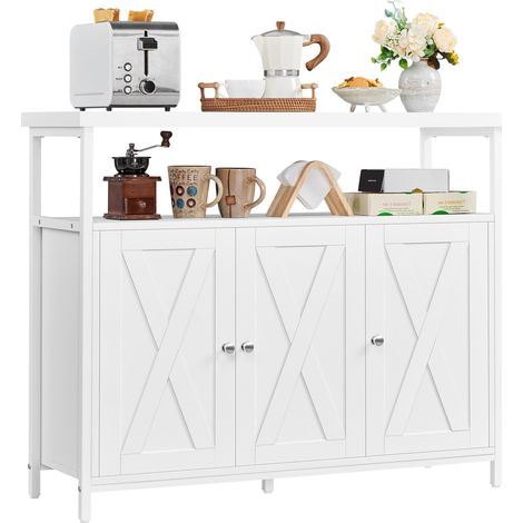 Yaheetech  Buffet de Cuisine en Bois Bahut avec 3 Portes Étagères Réglables Compartiment Ouvert Meuble de Rangement pour Salle à Manger Cuisine Blanc