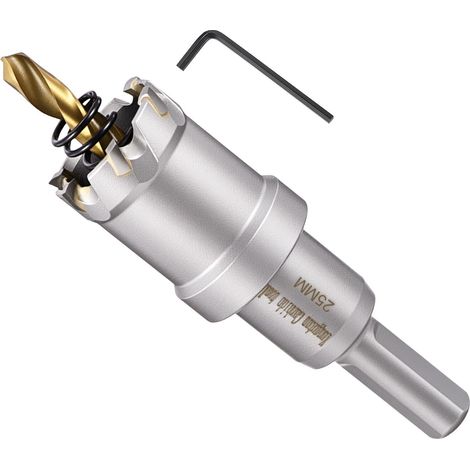 Kit de scie-cloche en carbure de tungstène avec foret central, clé hexagonale et ressort – pour métaux durs, tôles en acier inoxydable, tubes carrés, fibre de verre, argent (1/5)