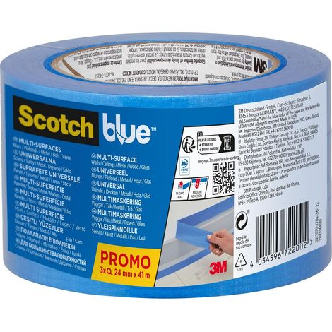ScotchBlue Nastro di Mascheratura Multi-superficie, 24 mm x 41 m, 3 Rotoli/Confezione, Nastro Adesivo Multiuso Scotch per Lavori di Pittura e Decorazione, 70% PEFC (1/5)