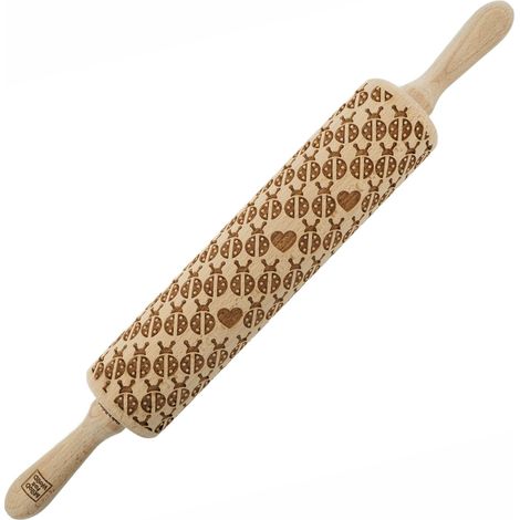 Mattarello in legno MoodForWood, inciso, 43 cm con manici, perfetto per la cottura al forno - Motivo coccinella (1/5)
