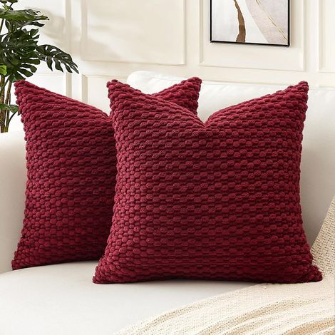 Juego de 2 fundas de cojín decorativas de pana granulada, fundas de almohada geométricas suaves para sofá, hogar, sala de estar, dormitorio, sofá, 45x45 cm, rojo vino (1/5)