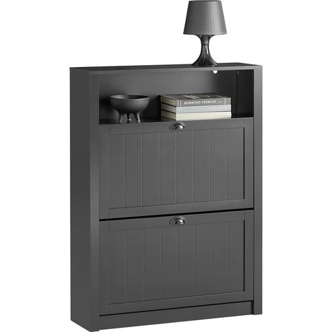 SoBuy FSR87-SCH Schuhkipper Schuhschrank schmal mit 2 Klappen Schuhregal mit 4 Ablageflächen Schuhkommode mit Zusatzfach Schuhablage Schwarz BHT ca.: 80x110x24cm (1/5)