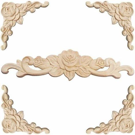 pair Moulure Décorative Bois 5 Pièces Rosace Florale Sculptée Applique Angle Décoration Meuble