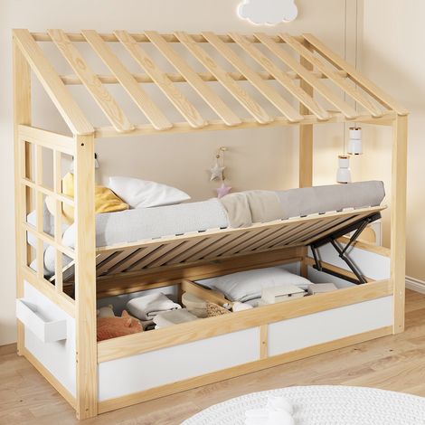 Cama cabaña infantil 90x200 cm con canapé abatible hidráulico estantes de almacenamiento y somier de láminas de madera estilo casita - blanco y natural (1/5)