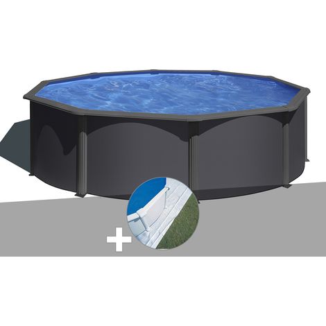 Kit piscine acier gris anthracite Gré Louko ronde 3,70 x 1,22 m + Tapis de sol