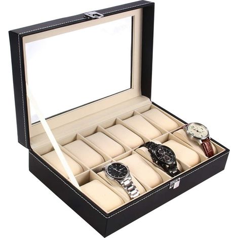 Boîte à montres, boîte de rangement pour 12 montres, boîte à montres, boîtier de montre en simili cuir noir (1/5)