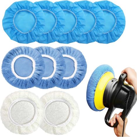 10 Stück Polierhauben, Auto Polierhaube Set Weiche Mikrofaser Motorhaube Baumwoll Polierhauben für 230mm-250mm Auto-Poliermaschine zum Wachsen und Autopolieren(Weiß + Blau) (1/5)