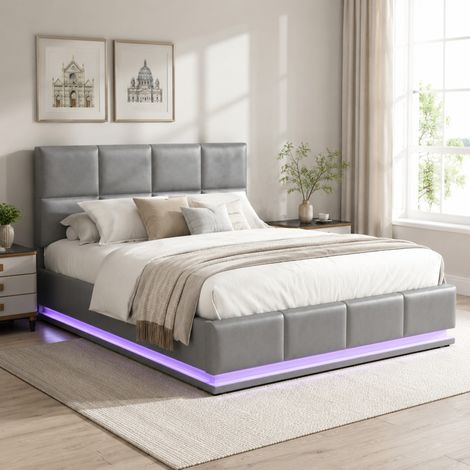 DESMIU Lit coffre 140 × 200 cm 2 places avec LED, rangement hydraulique, sans matelas, en simili cuir, gris (1/5)