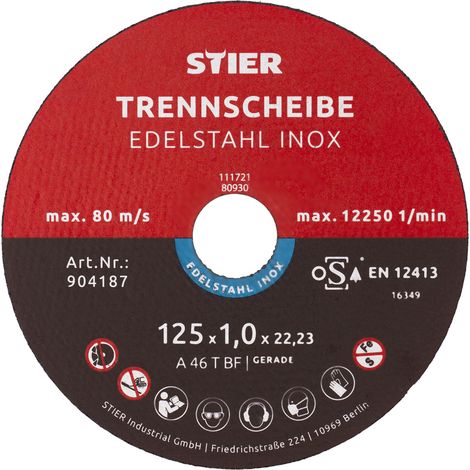 STIER Trennscheibe für Edelstahl/INOX, Metall, Stahl, Ø Flexscheibe: 125 x 1,0 x 22,23 mm, gerade, Set mit 25 Stück, für Winkelschleifer