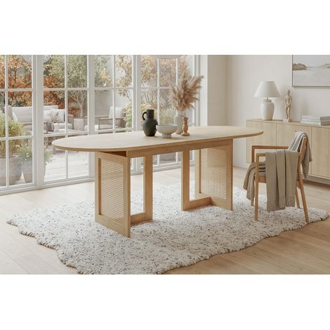 Tkopy-Table à manger extensible 160/200 × 80 cm, coins arrondis, extensible, plateau épais, style épuré, convient pour 6 à 8 personnes, pieds en rotin, couleur chêne (1/5)