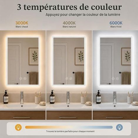 Bathroom Mirror 70 x 50 cm: LED Mirrors Backlit Anti-Fog Dimmable Brightness and Adjustable Colours, Memory Function, Glass, Waterproof, Temperature 3000K-6000K