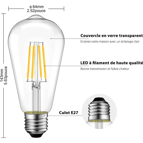Lot de 6 - 4 W Edison Ampoule Filament LED E27 ST64 =ampoules Incandescences Décorative 40 W - 470 lm Blanc Chaud 2700 K - Lampe Vintage Ampoule Rétro (1/5)
