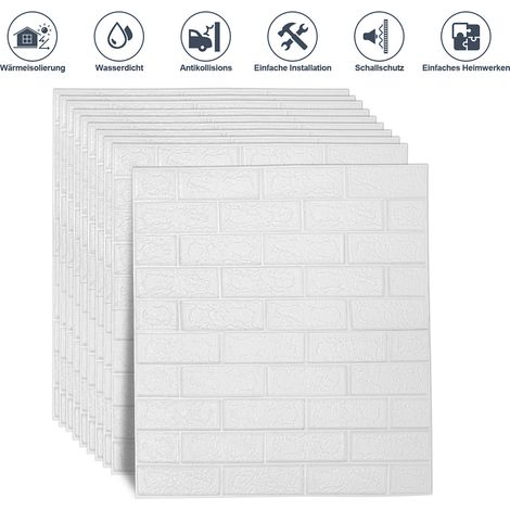 Randaco 10 tlg 3D Tapete Wandpaneele Wandtattoos Selbstklebend 3D Ziegel Ziegel Wandaufkleber Weiß 70 x 77 cm