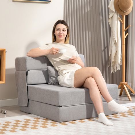 Poltrona letto pieghevole 210x80x15 cm grigio chiaro in schiuma con cuscino, convertibile in chaise longue (1/5)