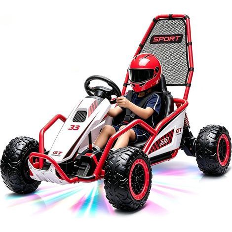 Karting Electrique Enfant 6-12 Ans, Roues Durables, Frein, Lumières LED et Musique, Rouge