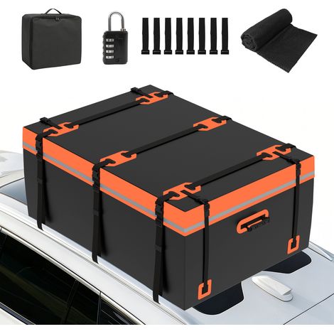 Puluomis – Coffre de toit voiture 600L imperméable 500D – Dimensions 119x88x52cm – Sac à bagages résistant aux intempéries – Compatible SUV, camion- Noir et orange (1/5)