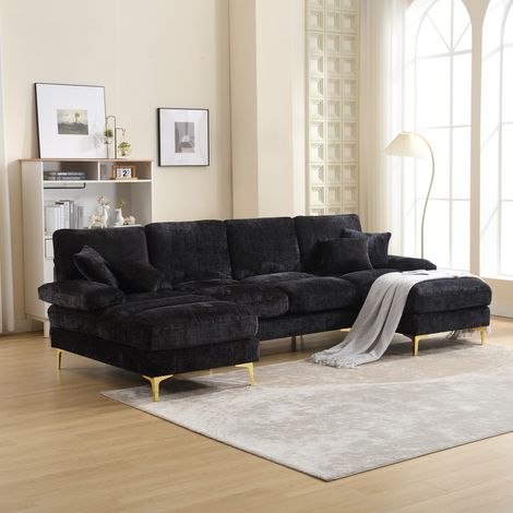 Divani angolari 272x136x88cm con 4 cuscini grandi 2 cuscini piccoli, 4 posti, a forma di U, adatti per soggiorno/camera da letto/ufficio, tessuto ciniglia, nero