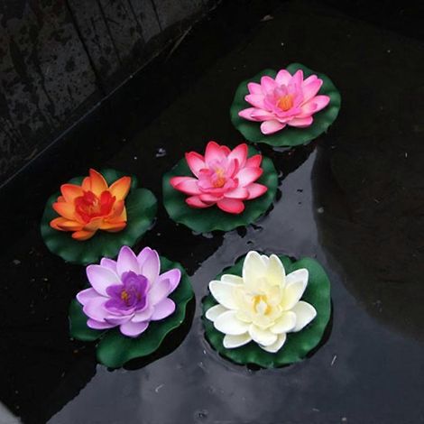 Lot de 5 lotus artificiels flottants, décoration pour bassin, nénuphar, décoration intérieure (1/5)