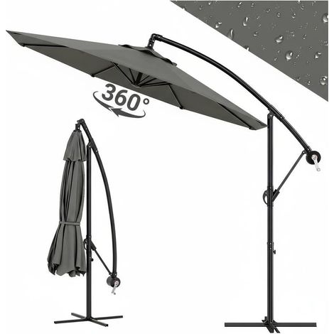 Parasol déporté trois M pour jardin et terrasse - Structure aluminium solide, toile polyester imperméable UV50+, rotation 360°, 8 baleines coupe-vent - Inclinaison réglable, base croisée incluse - noi (1/5)